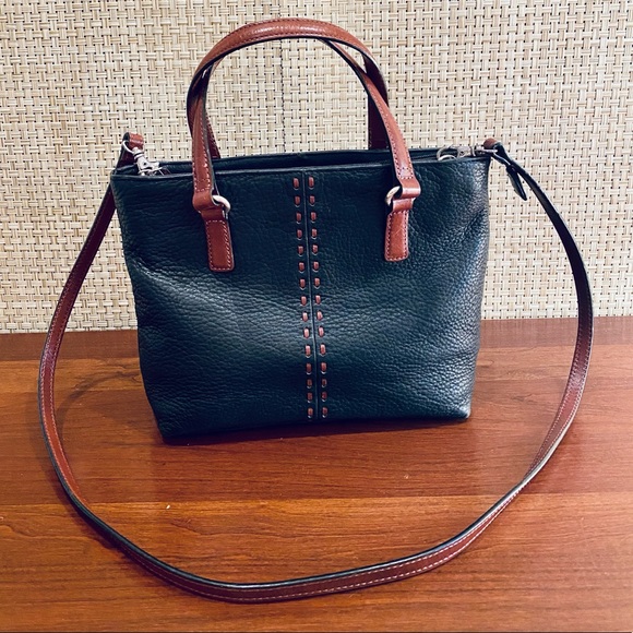 🌟2xHP🌟VTG 2000s Black & Brown Top Handle Pebbled Leather Crossbody Bag Fossil - Picture 1 of 14